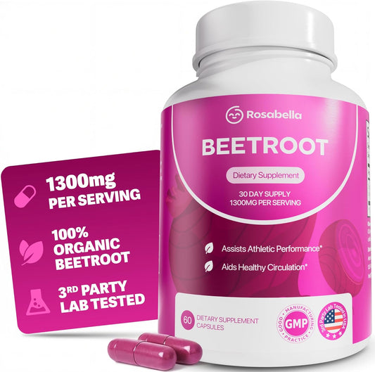 Rosabella Organic Beet Root Capsules - 1300mg Beet Root Powder Aids Healthy Circulation & Vitality, Non-GMO, Beet Root Supplement